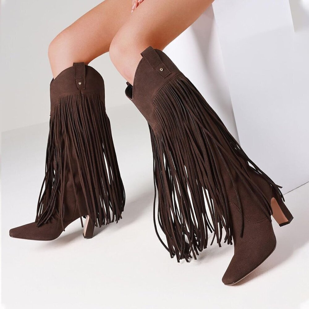 Women's Brown Suede Knee High Fringe Boots Chunky Heel Tall Shoes Pull-On - Picture 4 of 6